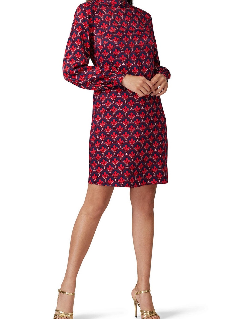 Boden Navy and Red Scallop-Print Long-Sleeve Mini Dress